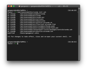 A terminal window showing the result of configuring Conda and MacOS Catalina.